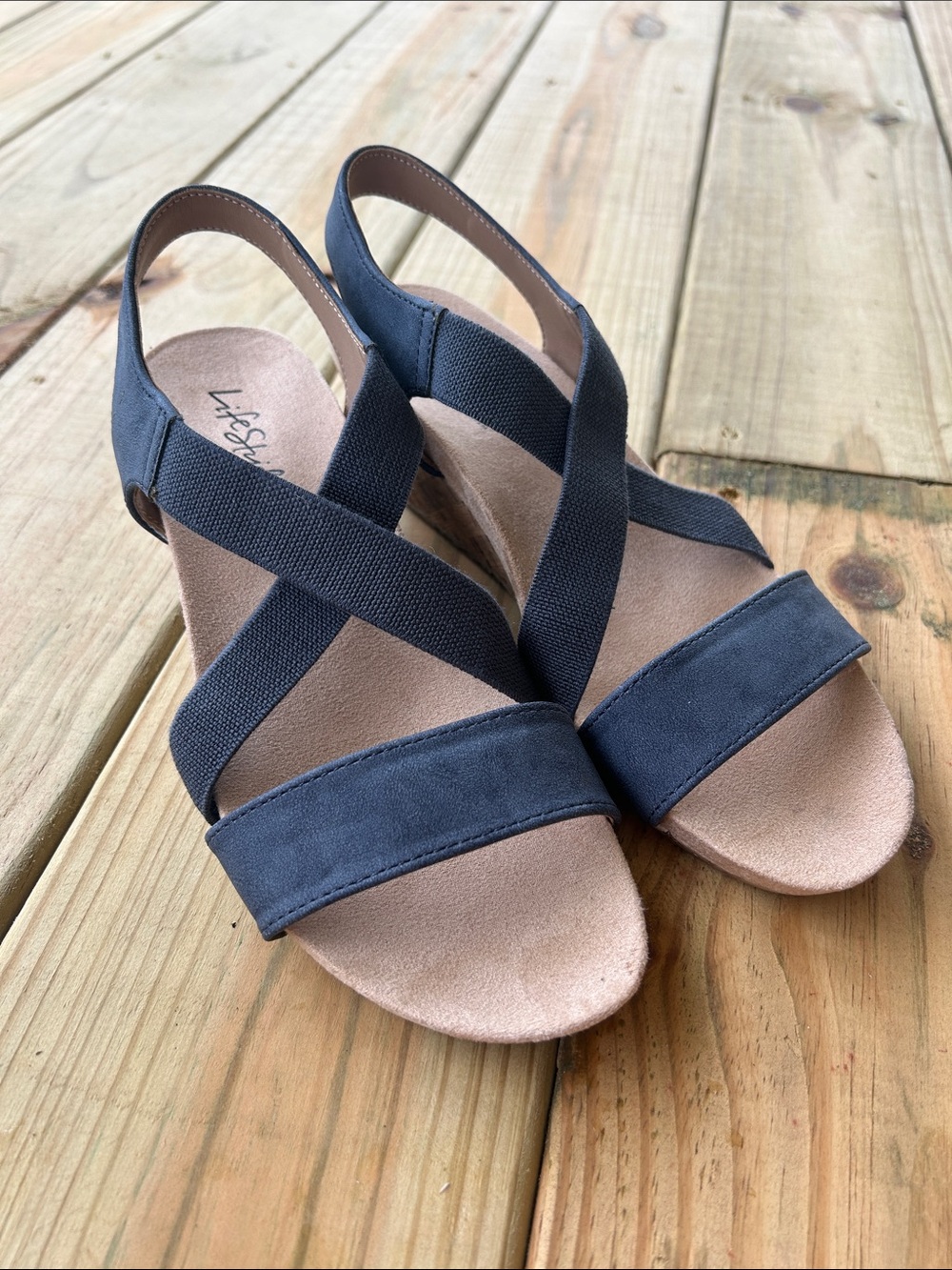 Life Stride Soft System Blue Crossband Slingback Wedge Sandals, Size 7.5